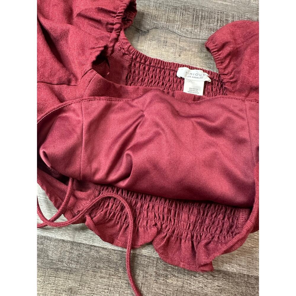 Kirious LA Burgundy Ribbed Lace-Up Crop Top Smocked Peasant Blouse Large - Picture 8 of 16
